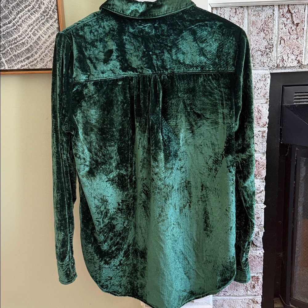 Anthropologie Pilcro Relaxed Velvet Buttondown Shirt Top Blouse Emerald Green - Picture 3 of 7